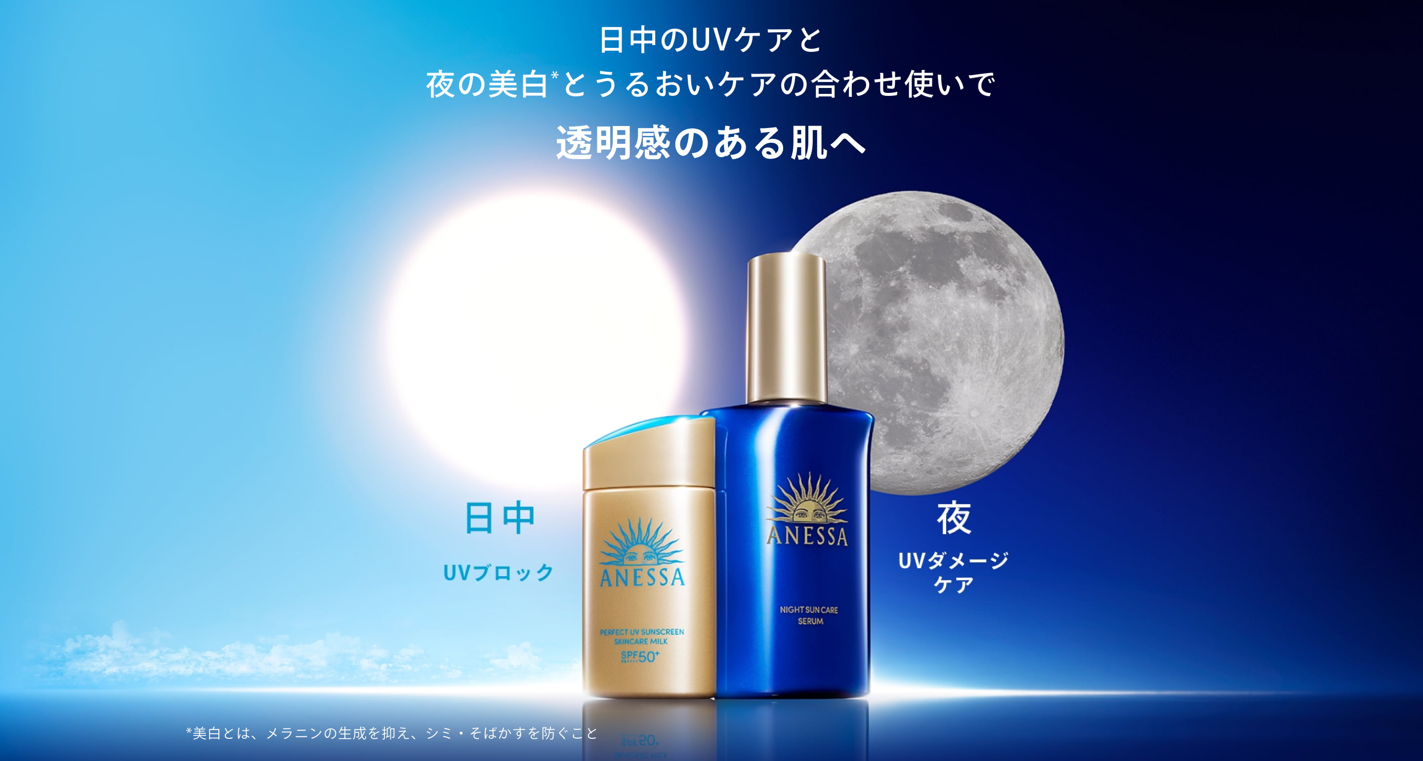 日中のUVケアと夜の美白とうるおいケアの合わせ使いで透明感のある肌へ