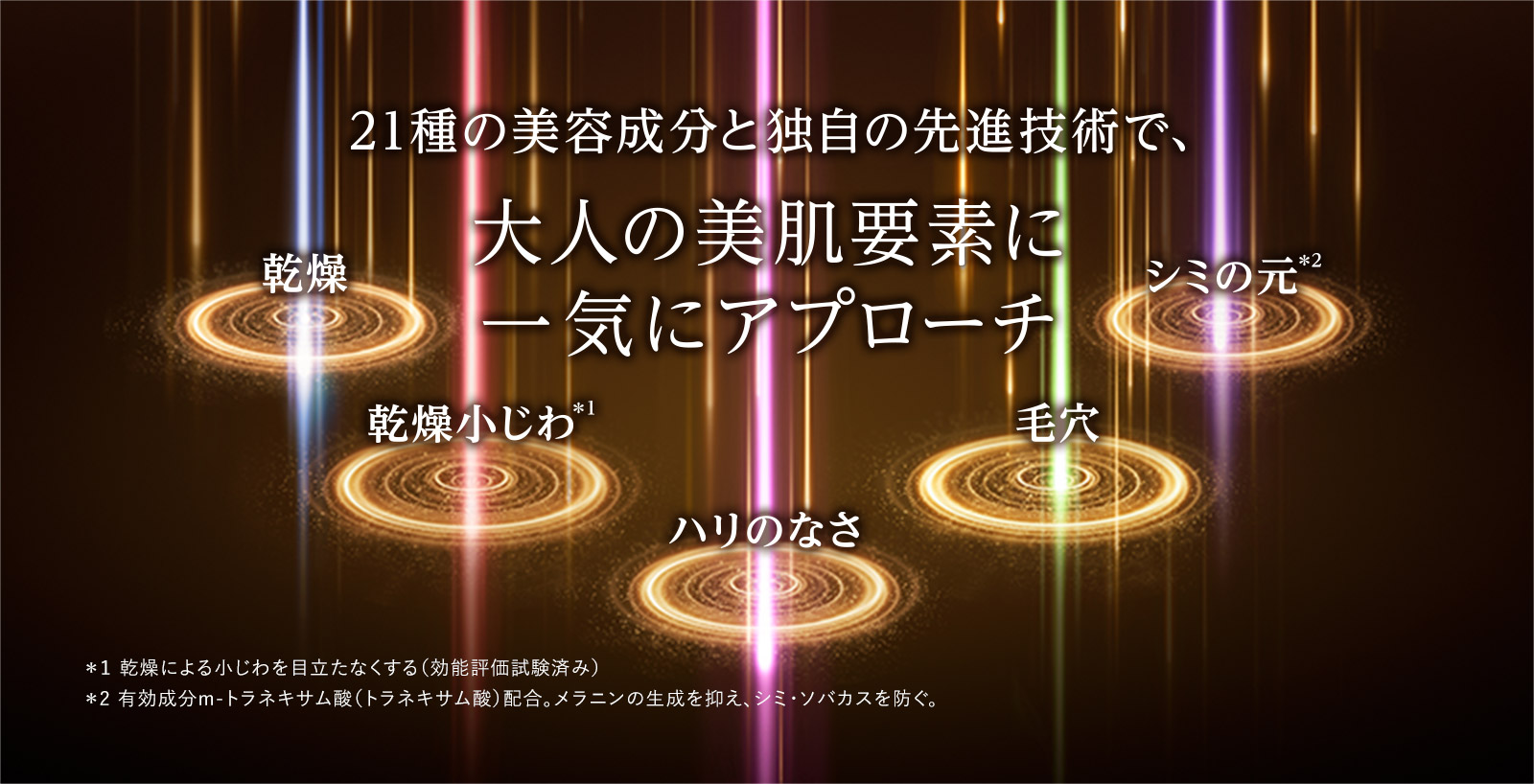 21種の美容成分と独自の先進技術で、大人の美肌要素に一気にアプローチ 乾燥・乾燥小じわ*1・ハリのなさ・毛穴・シミの元*2 ＊1：乾燥による小じわを目立たなくする（効能評価試験済み） ＊2：有効成分m-トラネキサム酸（トラネキサム酸）配合。メラニンの生成を抑え、シミ・ソバカスを防ぐ。