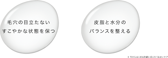 毛穴の目立たないすこやかな状態を保つ 皮脂と水分のバランスを整える ＊ 今からはじめる年齢に応じたうるおいケア