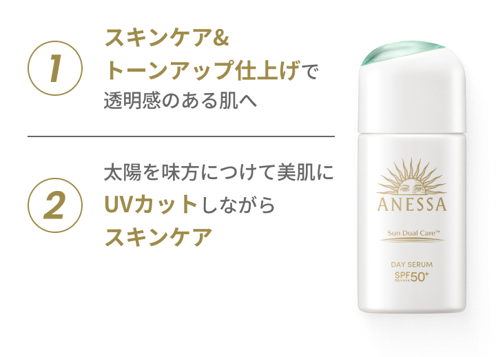 1 スキンケア&トーンアップ効果で透明感のある肌へ 2 太陽を味方につけて美肌にUVカットしながらスキンケア
