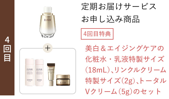 4回目 定期お届けサービスお申し込み商品 4回目特典 美白＆エイジングケアの化粧水・乳液特製サイズ（18mL）、リンクルクリーム 特製サイズ（2g）、トータル Vクリーム（5g）のセット