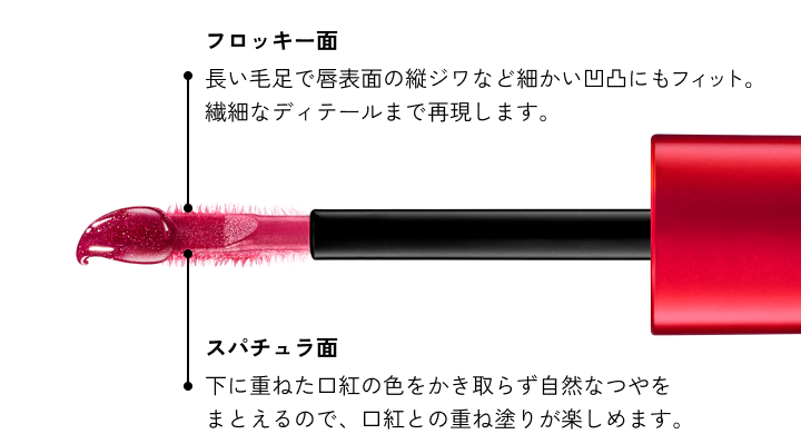 フロッキー面 長い毛足で唇表面の縦ジワなど細かい凹凸にもフィット。繊細なディテールまで再現します。　スパチュラ面 下に重ねた口紅の色をかき取らず自然なつやをまとえるので、口紅との重ね塗りが楽しめます。