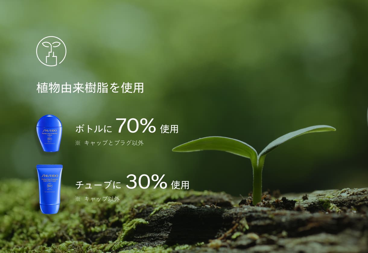 植物由来樹脂を使用 ボトルに70％使用 ※キャップとプラグ以外 チューブに30％使用 ※キャップ以外
