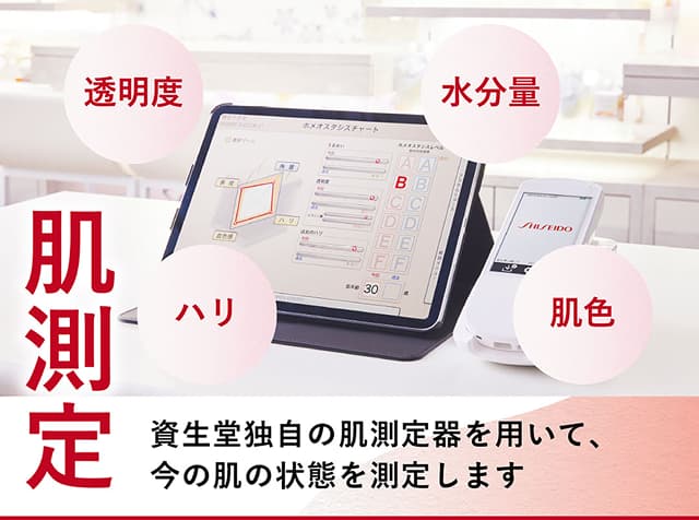 肌測定 透明度・水分量・ハリ・肌色 資生堂独自の肌測定器を用いて、今の肌の状態を測定します